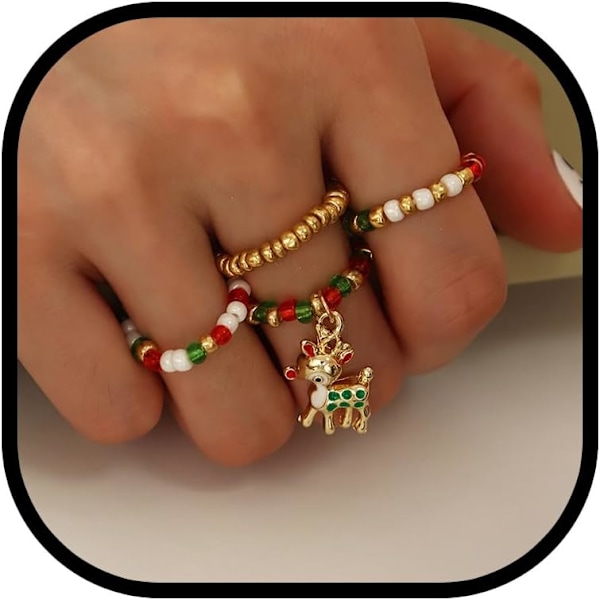 1,7×1,7×0,3 cm Julringar Pärlring Set Färgglada Pärlade Stackningsringar med Tomteälg Charm Elastiska Fingerringar Smycke