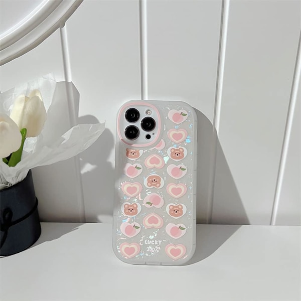 Söt Estetisk Kärlekshjältebjörn Mönsterfodral med Pärltelefonhänge för iPhone 15 Kvinna Flickdesign