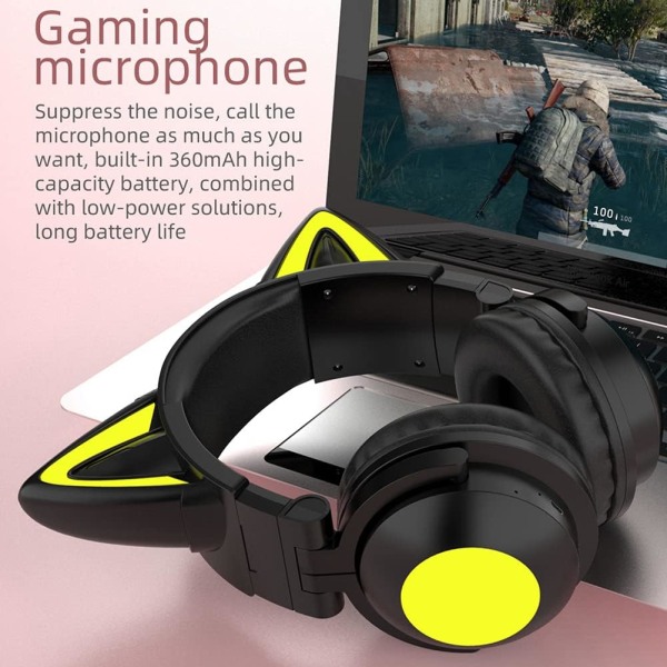 Cute Cat trådløse hodetelefoner, LED-lysende spillhodesett Bluetooth 5.0 Mode Over Ear Low Noise Head