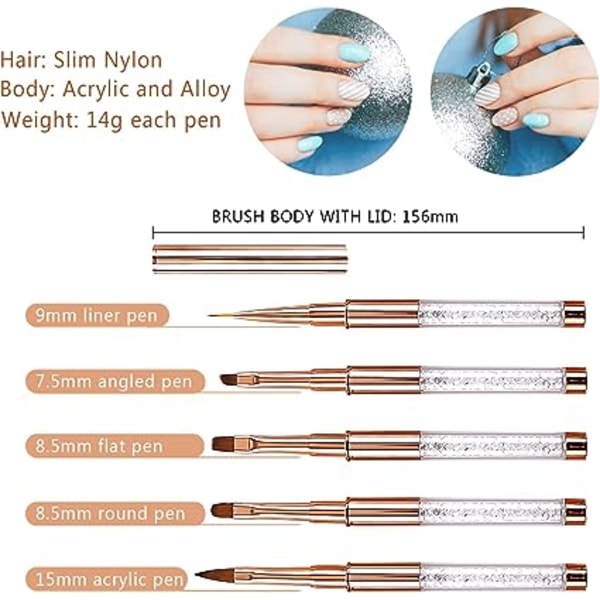 Profesjonell gel neglkunstbørste med hette - 5 deler fin liner/