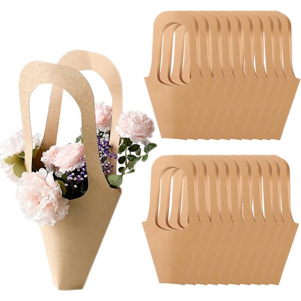 20 stk. Kraftpapir Blomsterindpakningsgaveposer Buketposer med Håndtag Blomstergaveposer Papirholder Brun Papirkegle Sha