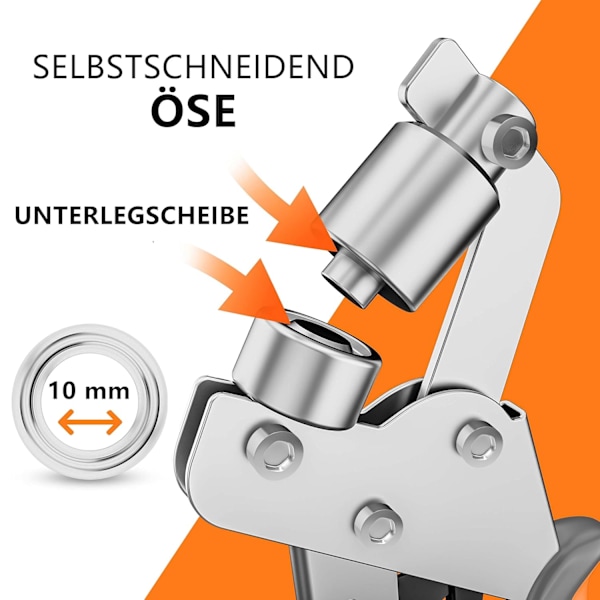 1 stk. Øjetang til presenninger og tekstiler - Professionel øjetang med 100 øjer (Ø 10 mm), magnetisk øjepunser i kulstofstål for perfekt E