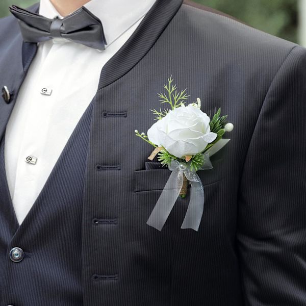 (4 knapphål) Set med 4 konstgjorda rosknoppar för män - för bröllop, ceremoni, bal