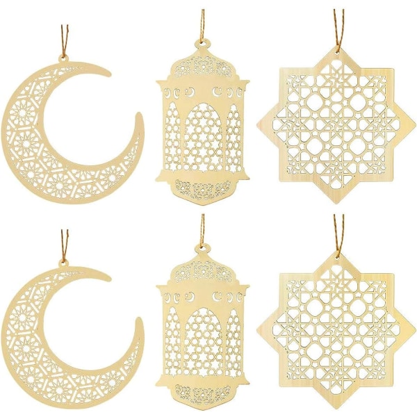 6 stycken träprydnader, Eid-prydnad DIY-dekorationer med
