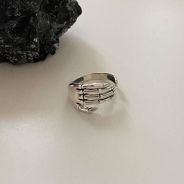Silver Öppen Bandring för Kvinnor Flickor Statement Justerbar Utvidgbar Oxiderad Gotisk Skelett Djävulens Klor Finger Stift