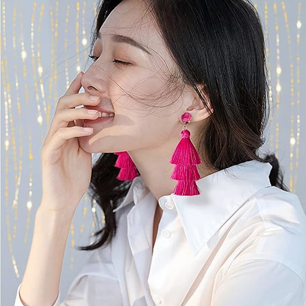 Sjokkerende rosa lagdelt fargerikt tre Druzy Stud øredobber Dangle Holiday Party Jul Halloween Cos