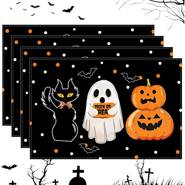 Halloween-underlägg, set om 4, Spöke Pumpa Katt 12x18 tum Halloween Bordstabletter för Hem Köksfest Semesterdekoration