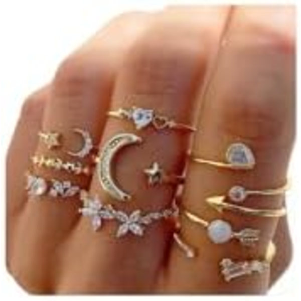 Boho Ringar för Kvinnor Tonårsflickor, Guld Stackbara Ringar Set Vintage Knuckle Stackbara Måne Stjärna Orm Fjäril Hjärta Blomma