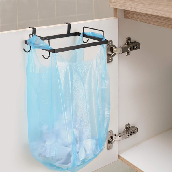 Affaldsspandsholder, hængende affaldsposeholder, stål, sort, med krog, 20-25 liters affaldsposeholder, 2