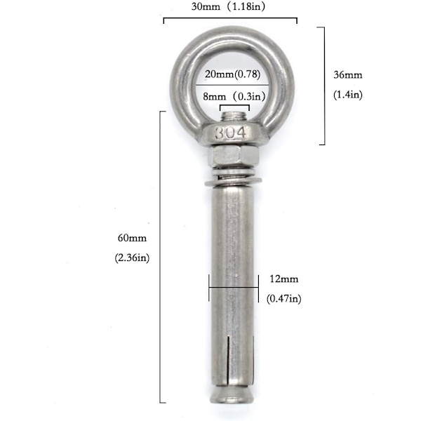 Ekspansionsbolte M8 x 60mm Stålmuffe Øjebolt 304 Rustfrit