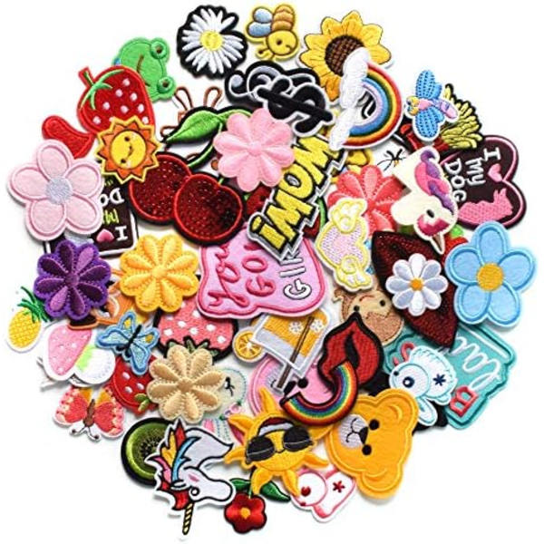 60 stk. tilfældige assorterede brodererede patches, lyse levende farver, sy på/stryg på patch applikation til tøj, kjole,