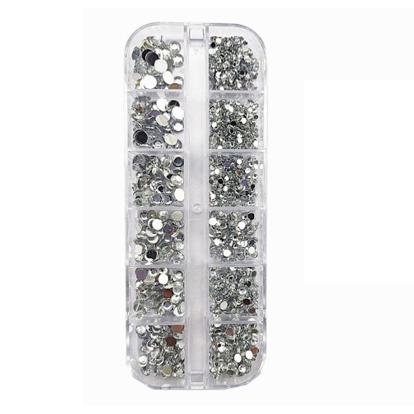 12 gitter hvide krystalrhinestones, sølv runde flade sten, assorteret, negle sliver