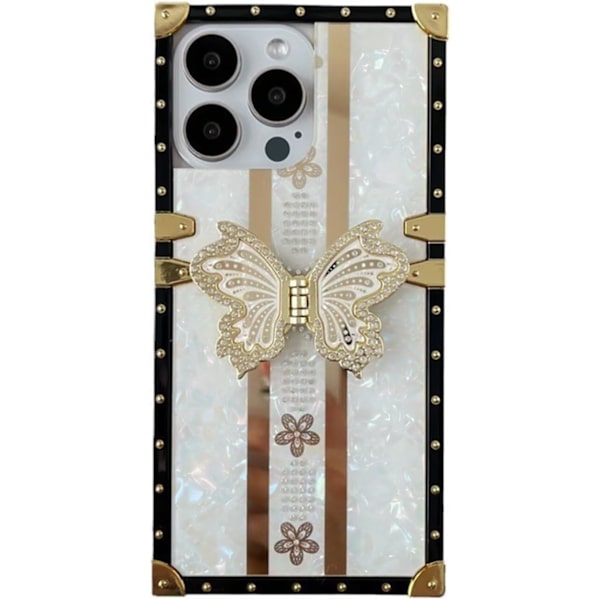 Glitter Diamond Butterfly Kickstand Case til iPhone 16 Pro Max, Luksuriøs Bling Rhinestone Blomster Kvadrat Blød TPU Shockproof