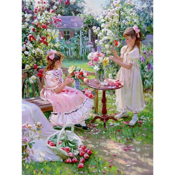 30 x 40 cm, deux filles dans le jardin Diamond Painting Broderi