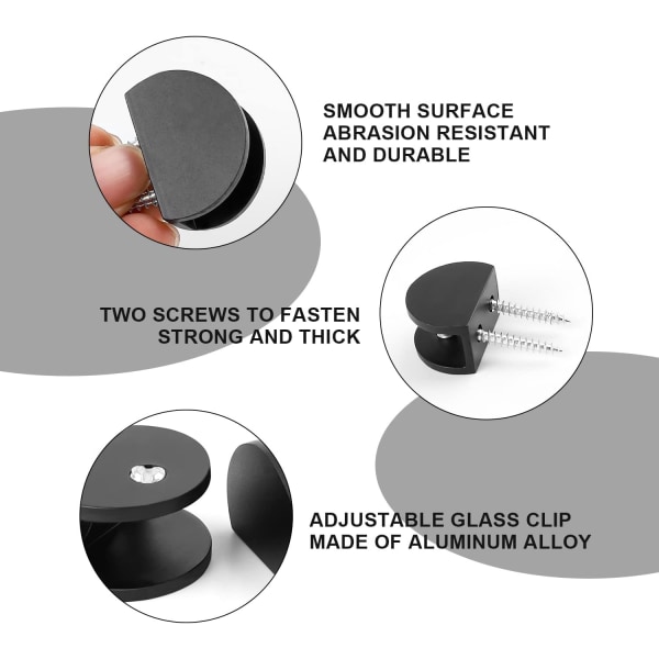 4 kpl musta peilikiinnitys, alumiiniseoslasipuristin liukastumista estävissä ruuveilla, säädettävä lasi Cla