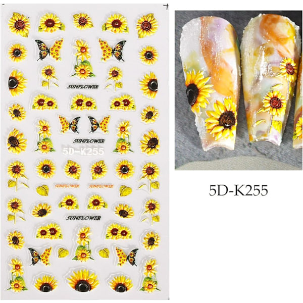 5D Preget Solsikke Neglekunst Klistremerker Selvklebende Blomst Negle Dekaler Gravert Blomster Sommer Negle Klistremerke Akryl Nai
