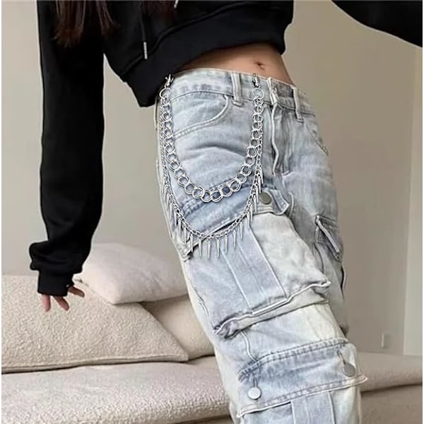 (2-kerroksinen niittiketju) Monikerroksiset lompakkoketjut miehille ja naisille, hip hop -housuketju, pyöräilijän lompakkoketju, siisti metallinen farkkukettju, housuketju