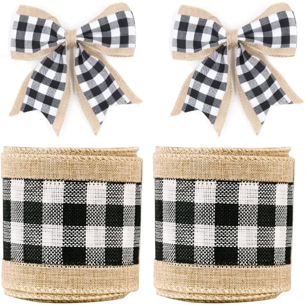 2 ruller jule Buffalo Plaid kantede bånd med tråd, naturlige indpakninger