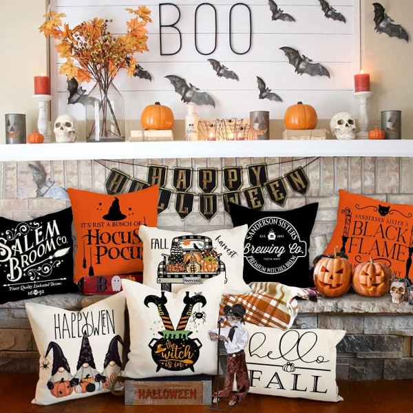 Halloween-dekor putetrekk 18 x 18 sett med 4 Hocus Pocus Farmhouse Halloween-dekorasjoner som sier Ora