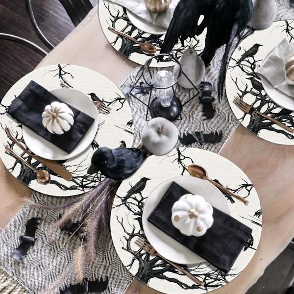 Sett med 4 Silhuett-Trekråker Halloween Runde Placemats, 15 Tommer Høst Runde Bordmatter for Spisedekorasjon