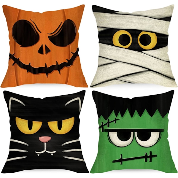 Set of 4  Halloween Jack O Lantern Decorative Throw Pillow Covers 18 x 18 , Spooky Face Mummy Black Cat Fran.kens-tein C