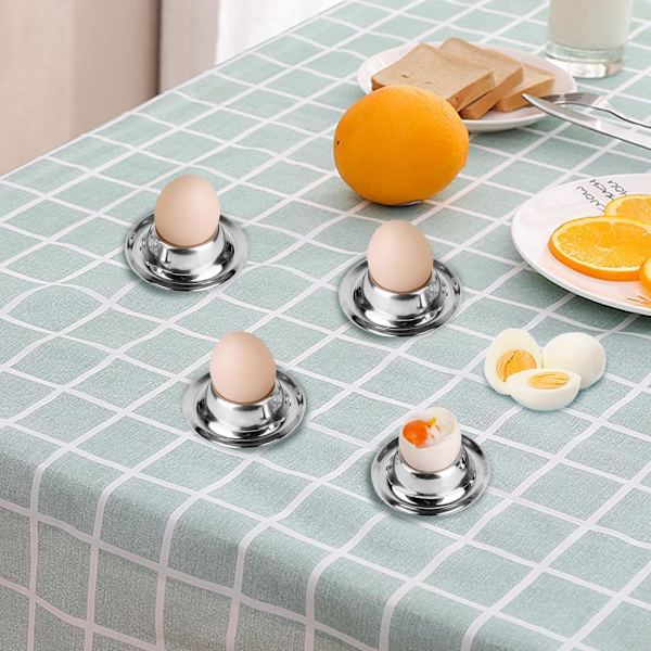 (Sølv) 4 eggkopper, stabelbare, runde, rustfritt stål, polert, tåler oppvaskmaskin, med eggbeholder