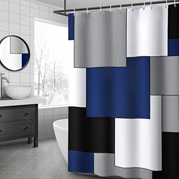 Modern Dusblå Duschdraperi, Blå och Vit Duschdraperi för Badrum, Grå Badrumsdraperi Modern Geometrisk Tema