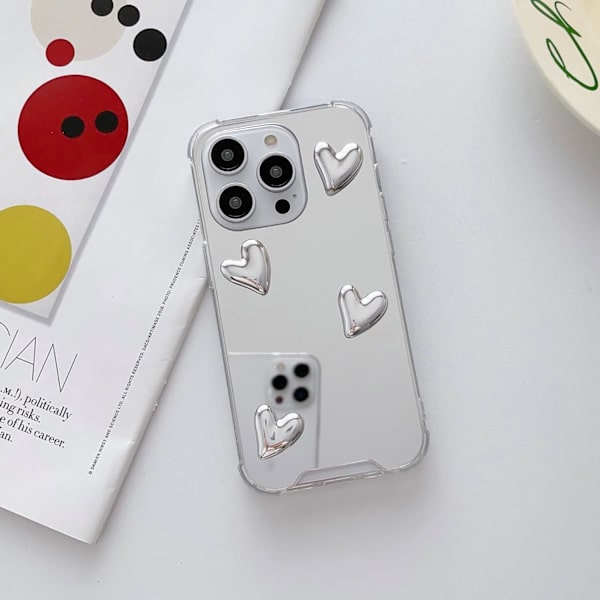 1 stk iPhone 15 Pro Max Speilveske, Fleksibel Søt Hjerte Myk Silikon Klar Sminke Speil Kvinner Jenter Støtsikker Pr