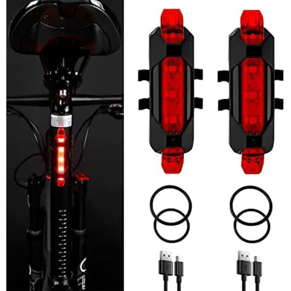 2-pakks USB-oppladbare LED-sykkellys bak, sykkel baklys sikkerhetslampe nattessensielt vanntett 4 moduser W