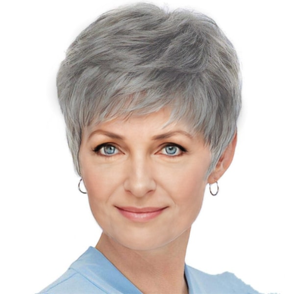 Short Silver Grey Human Hair Wigs for Women Blend with Healthy Memory Fiber Pixie Curly Wig With Bang,Natural Daily Use