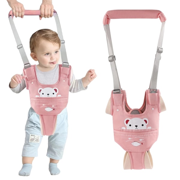 (Pink) Bear Baby Walker Handheld Auxiliary Belt Adjustable Toddler Baby Walker Safety Belt Stand Wal