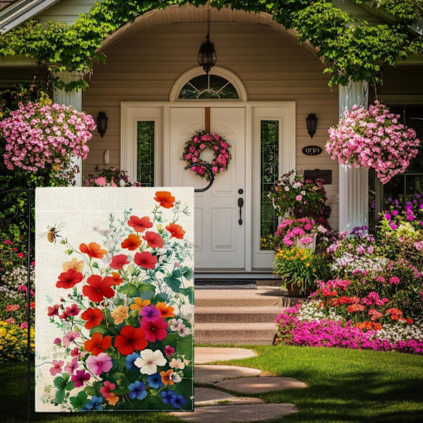 Kevätmehiläinen Punainen Pelargonia Puutarhalippu 30x45 cm Tervetuloa Kesä Värikäs Kukka Kukka-aiheinen Piha Ulkolippu Talo Loman Ulkokoriste Juuttikangas