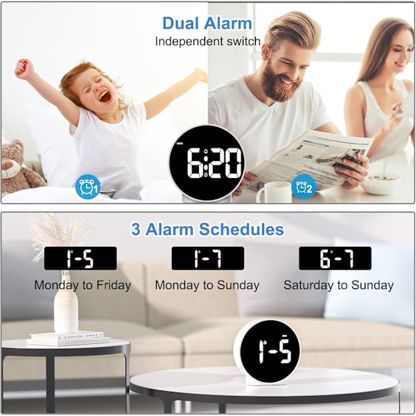 LED Väckarklocka, Upplyst Väckarklocka med Veckodagsvisning, Snooze-funktion, 4 Justerbara Ljusstyrkor, 2 Alarm, Batteridriven Digital Klocka för Barn