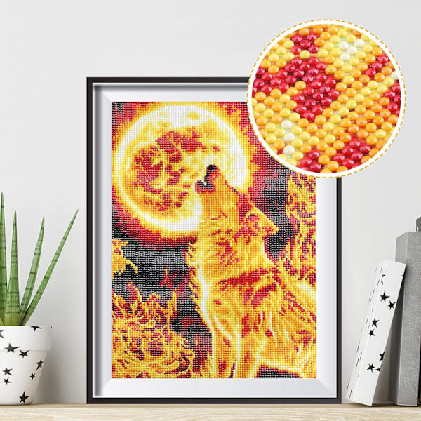 (30x40cm) 5D Diamantmaleri Kits, Brølende Ulv af Måneild Rund Diamant, DIY Komple