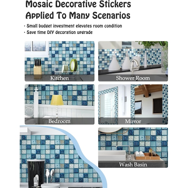 10 x 10 cm 20 st Självhäftande Kakeldekal Tapet Värmebeständig Vattentät Stänkskydd för Kök Badrum Stick Mosaic Blå