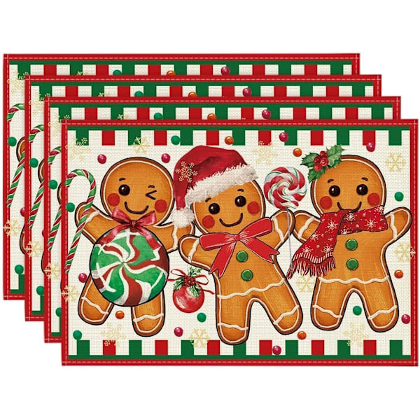 Gingerbread Candy Cane Christmas Placemats Set of 4, 12x18 Inch Seasonal Table Mats for Party Kitchen Dining Decoration