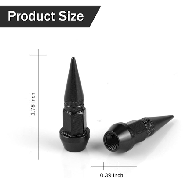 (Musta) 4 kpl 45 mm piikikkäitä alumiiniventtiilin korkkeja, pölynkestäviä rengasvanteiden suojia autoille, maastureille, T