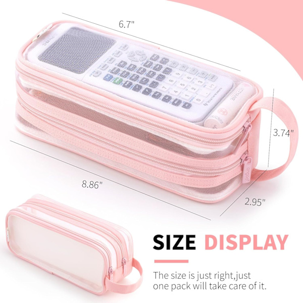 Stor rutnät pennfodral 2 fack pennfodral transparent handhållen multifunktionspenna Pink