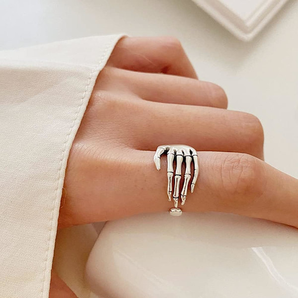 Silver Öppen Bandring för Kvinnor Flickor Statement Justerbar Utvidgbar Oxiderad Gotisk Skelett Djävulens Klor Finger Stift
