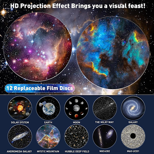 Planetarium Stjerneprojektor, Galakseprojektor, Realistisk Stjernehimmel Nattlys med 12 Filmdisker, Solsystem Konstellasjon Måne for Barnerom Stue