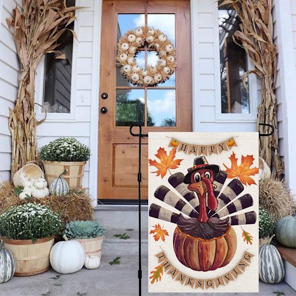 Glad Thanksgiving Tyrkiet Efterårs Haveflag 12 x 18 Tommer Burlap Vertikal Dobbeltsidet, Maple Leaf Efterår Græskar Have Ud