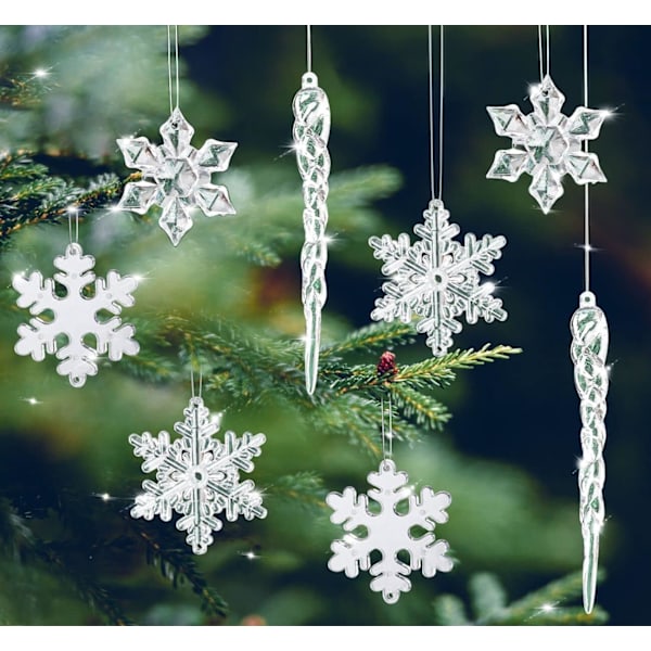 Kristalljulkulor, 24 st julgranshängande akrylhängen, 12 hängande juliskristaller + 12 akryl snöflingor
