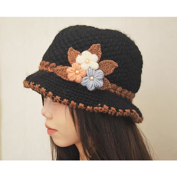 1 st French Tjock Damhatt med Blommor Stickad Ullhatt Mode Beanie-hatt Dam Crochet-Bucekt-hatt för Vinter