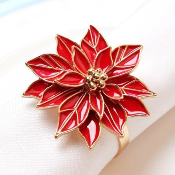 5x4cm Julstjärna Servettringar Set om 6 Servettringshållare med Röda Julstjärneblommor, Servettringar Matbordssats