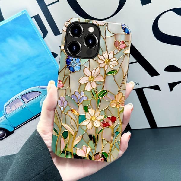 Deksel til iPhone 16 Pro Max, Passer Glanset Dekseldesign for Jenter Kvinner, Farget Blomstervindusglass