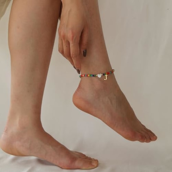 Ankelkæder til Kvinder Initial Anklet Vandtæt Boho Perleformet Fint Ankelkæde til Teenager Brev Hjerte Håndlavet A