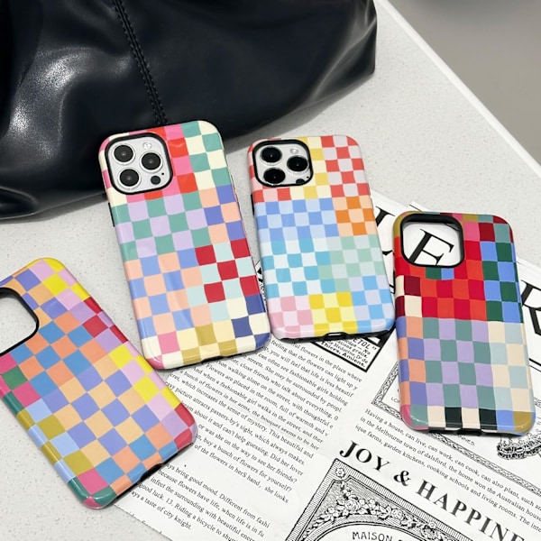 Kompatibel med iPhone 16 Pro Max Cover, Sød Farverig Ternet Cover med Stødabsorberende Tynd Blød TPU og Hård PC Beskyttende