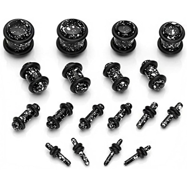 Øreutvider, 18 stk. avsmalnende ørepynt + 18 stk. akryl tunnelplugger
