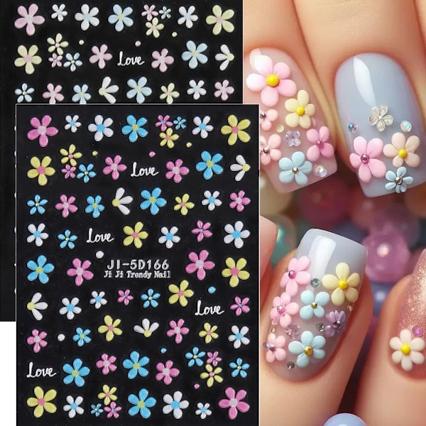 Blommor Nagelkonst Klistermärken Dekaler 5D Präglade Tusensköna Blommor Nageldekaler 2 ST Färgstarka Tusensköna Fembladiga Blommiga Sommar Naglar Design Självhäftande Klistermärken Nagel