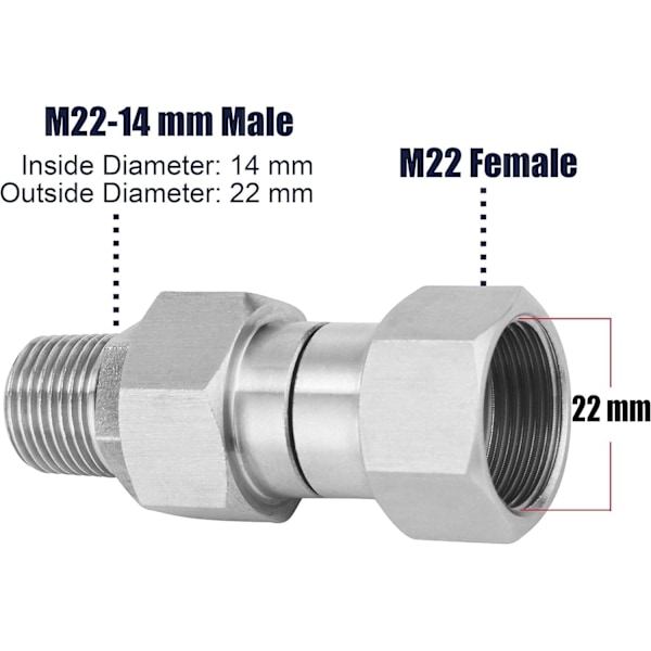 1kpl Ruostumattomasta teräksestä valmistettu painepesurin kääntyvä liitin, metrikierre M22 14mm